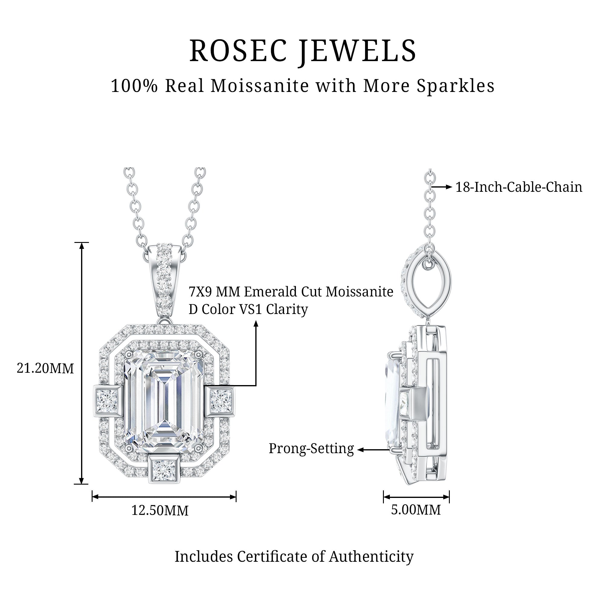 Vintage Style Emerald Cut Moissanite Halo Pendant Necklace