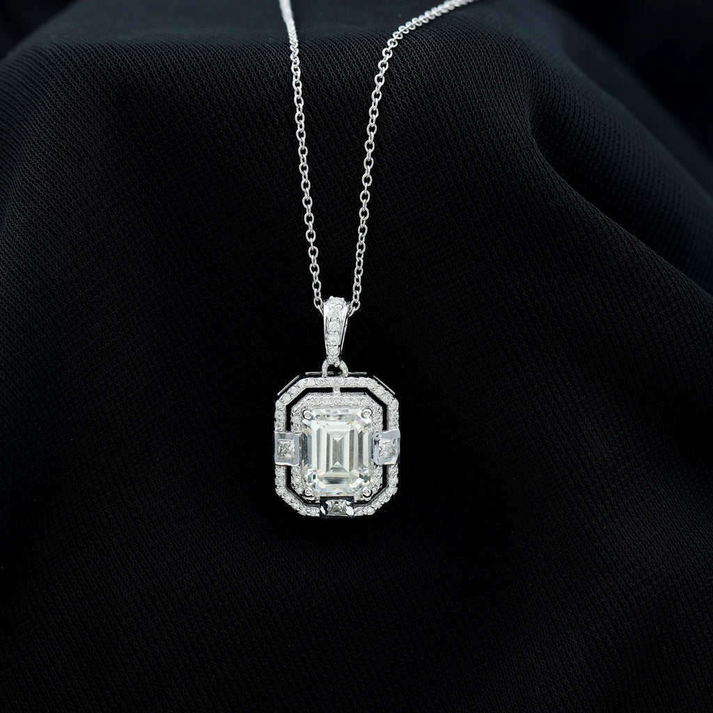 Vintage Style Emerald Cut Moissanite Halo Pendant Necklace
