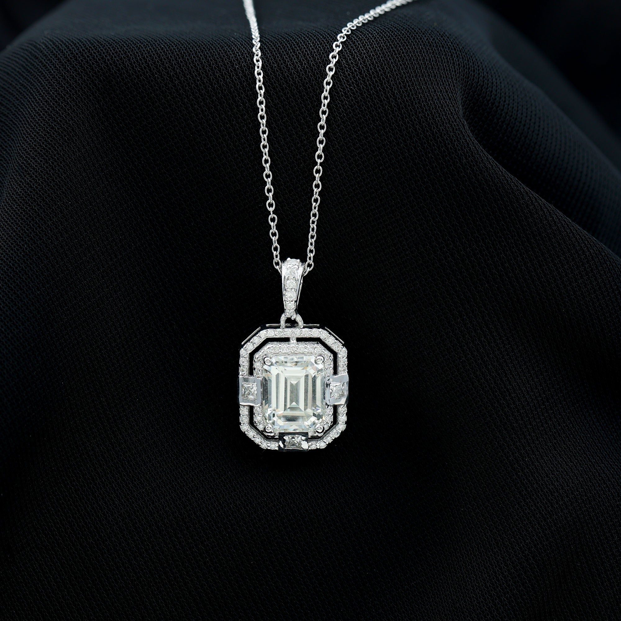 Vintage Style Emerald Cut Moissanite Halo Pendant Necklace