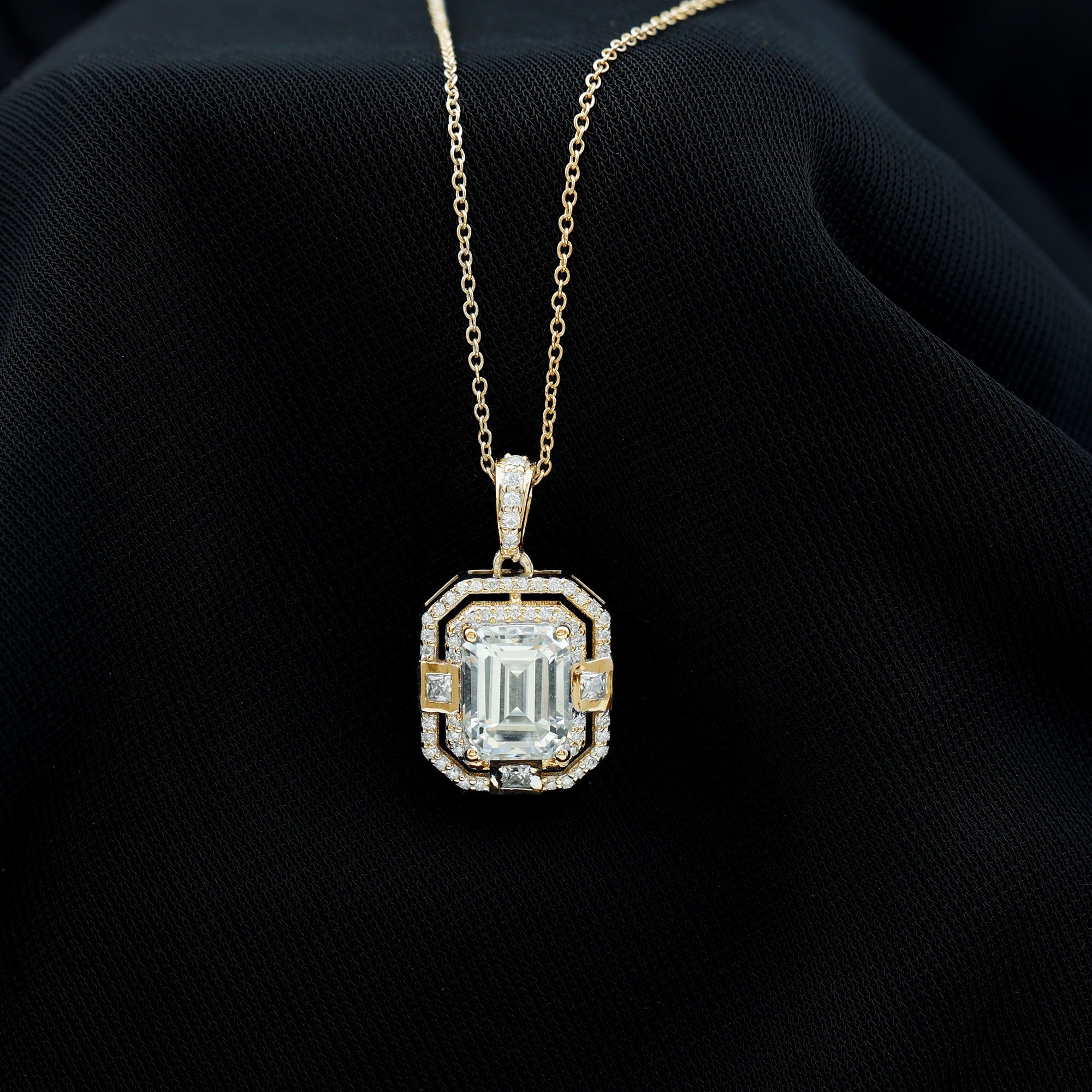 Vintage Style Emerald Cut Moissanite Halo Pendant Necklace