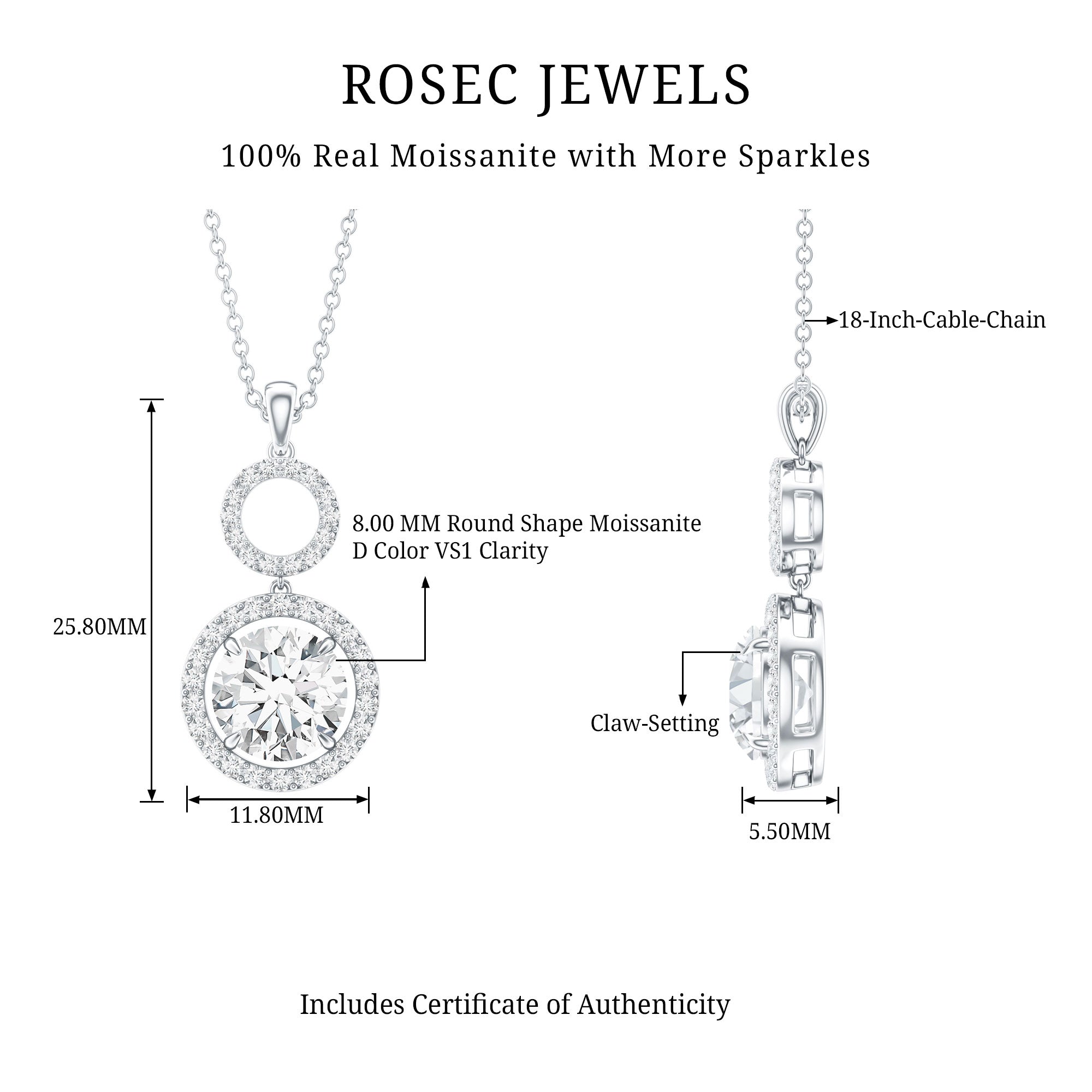 2 Carat Round Moissanite Wedding Dangle Necklace with Halo