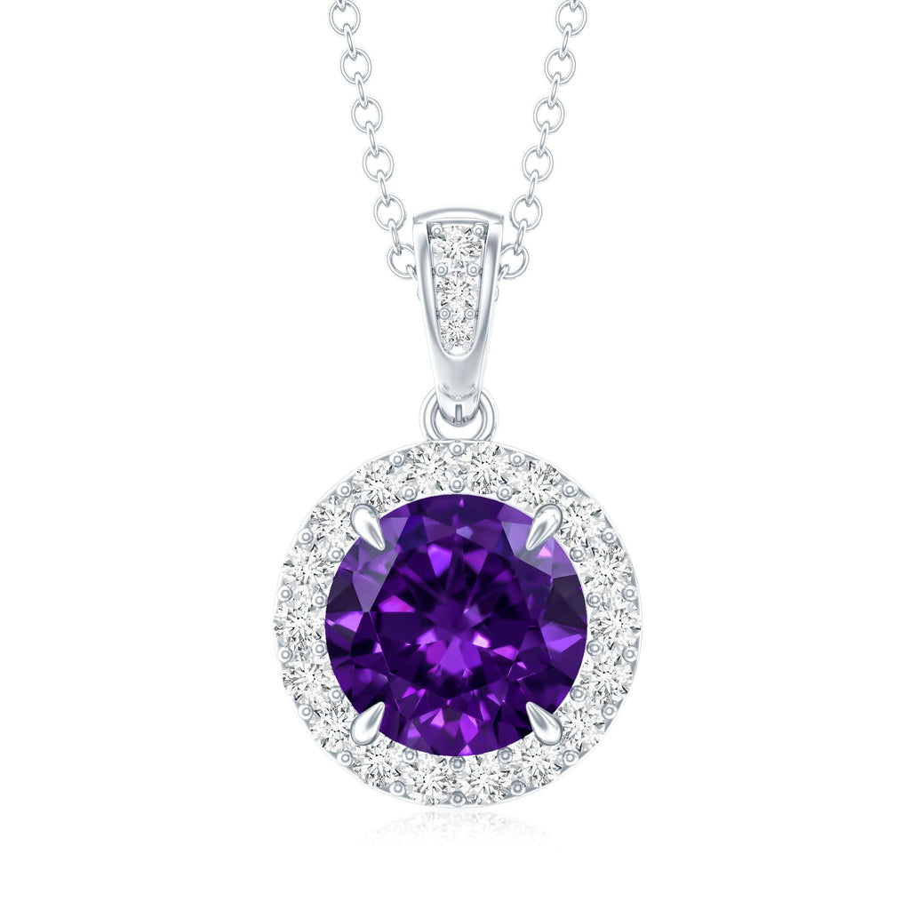 Natural 2 Carat Amethyst Pendant Necklace with Diamond Halo