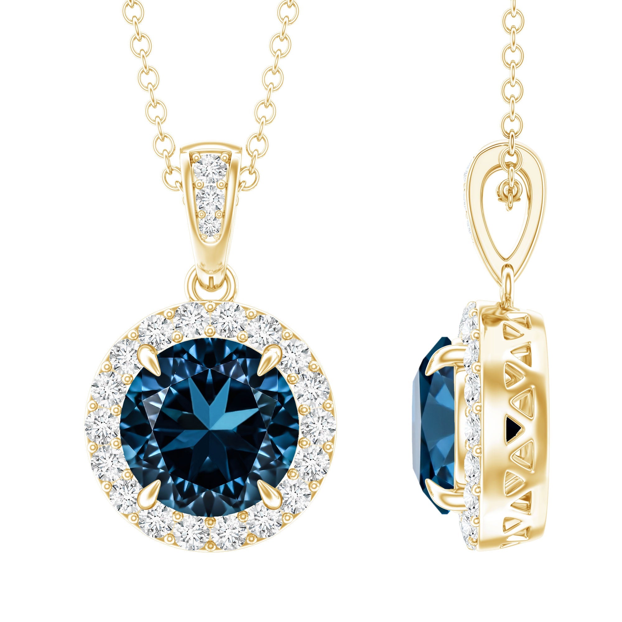 2 Carat London Blue Topaz Round Halo Pendant with Diamond