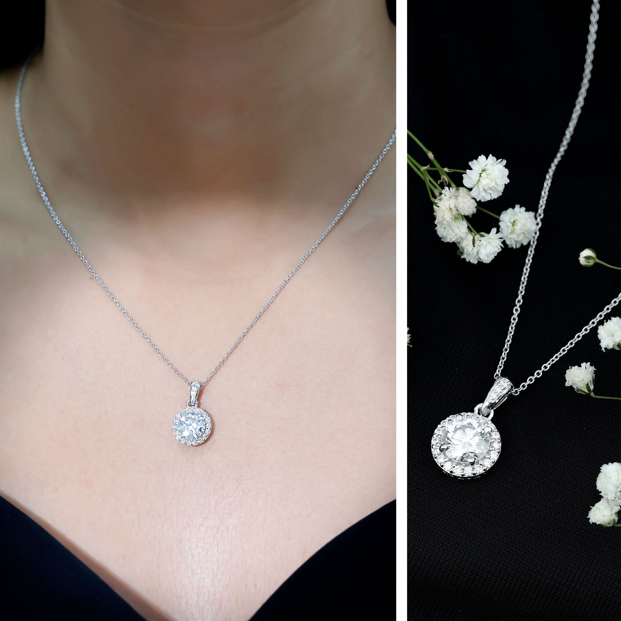 Round Moissanite Classic Halo Pendant Necklace