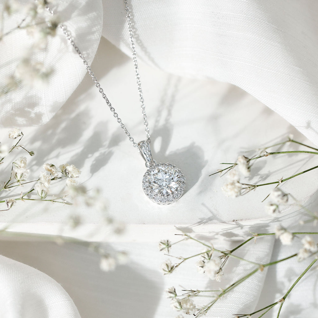 Round Moissanite Classic Halo Pendant Necklace
