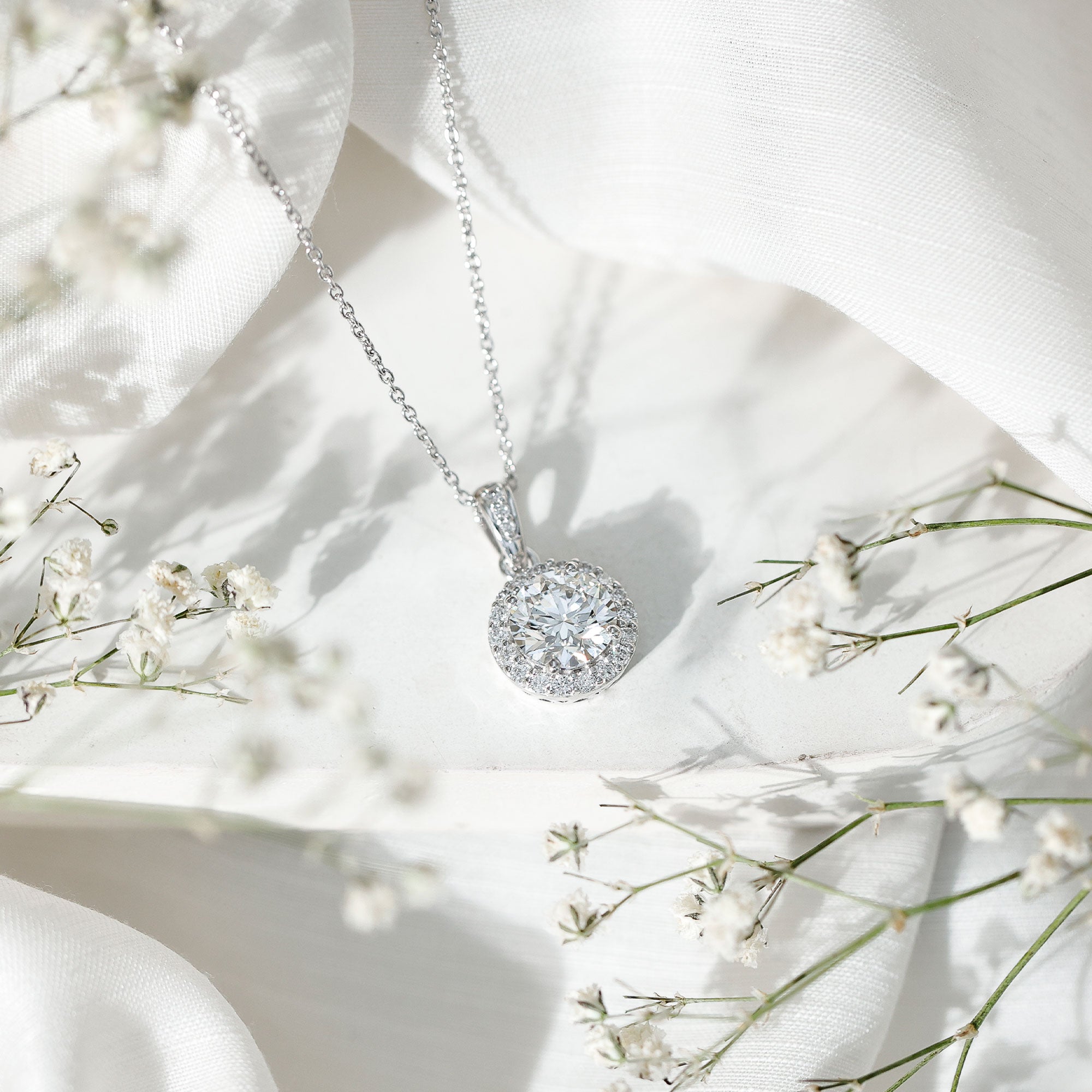 Round Moissanite Classic Halo Pendant Necklace