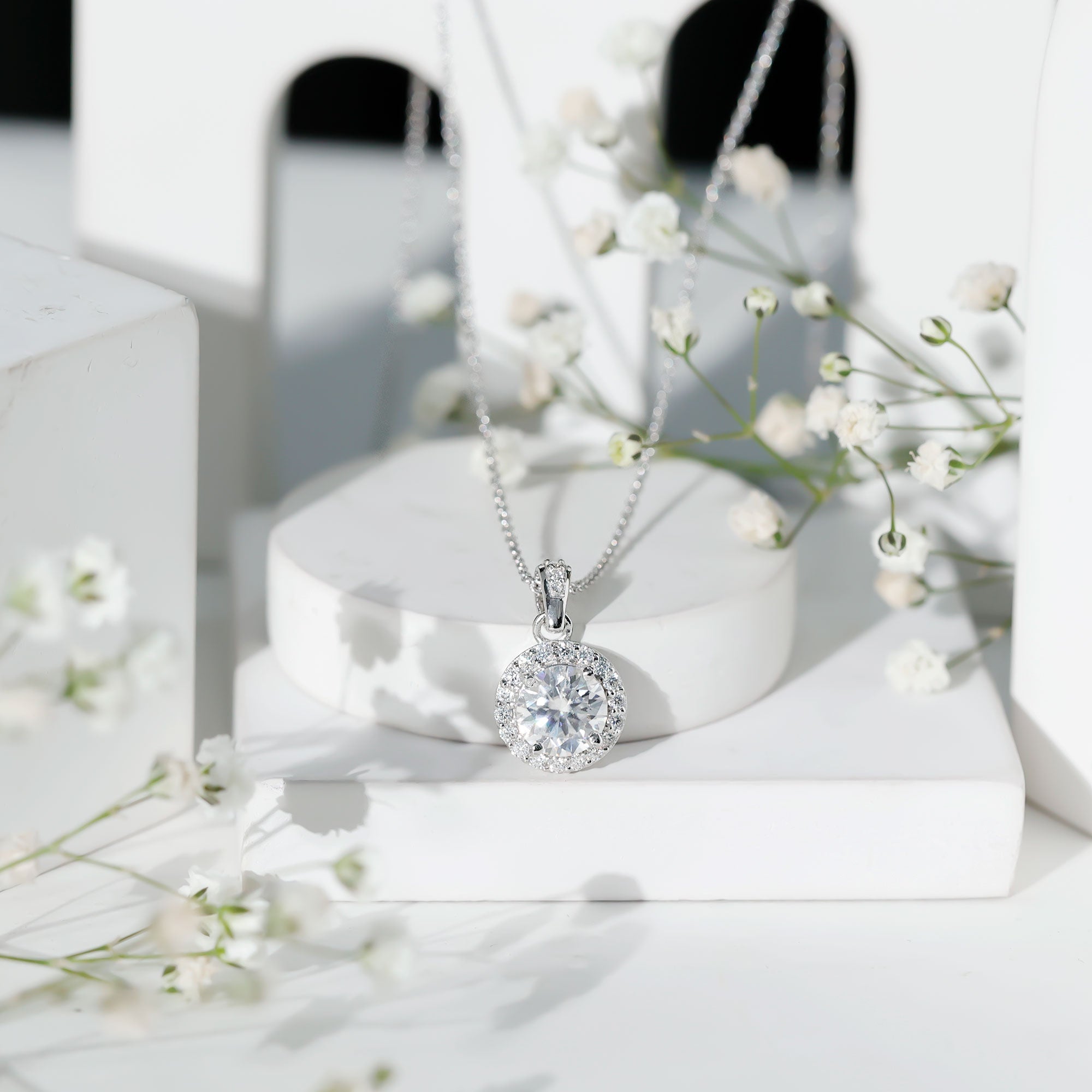 Round Moissanite Classic Halo Pendant Necklace