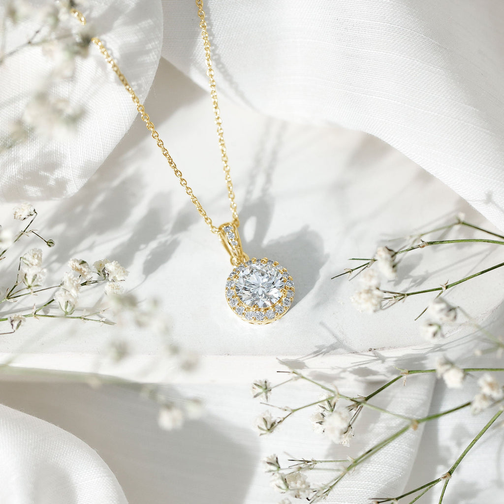 Round Moissanite Classic Halo Pendant Necklace