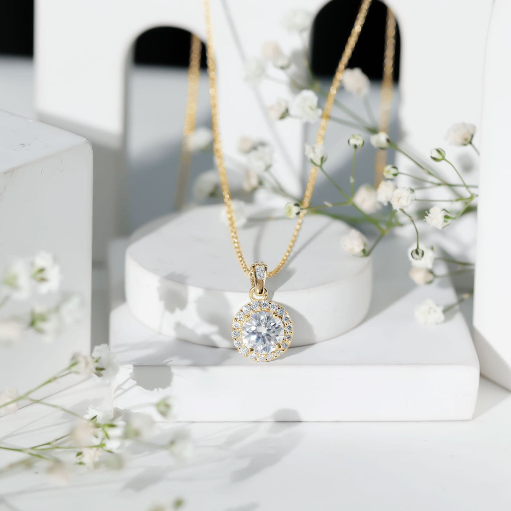 Round Moissanite Classic Halo Pendant Necklace