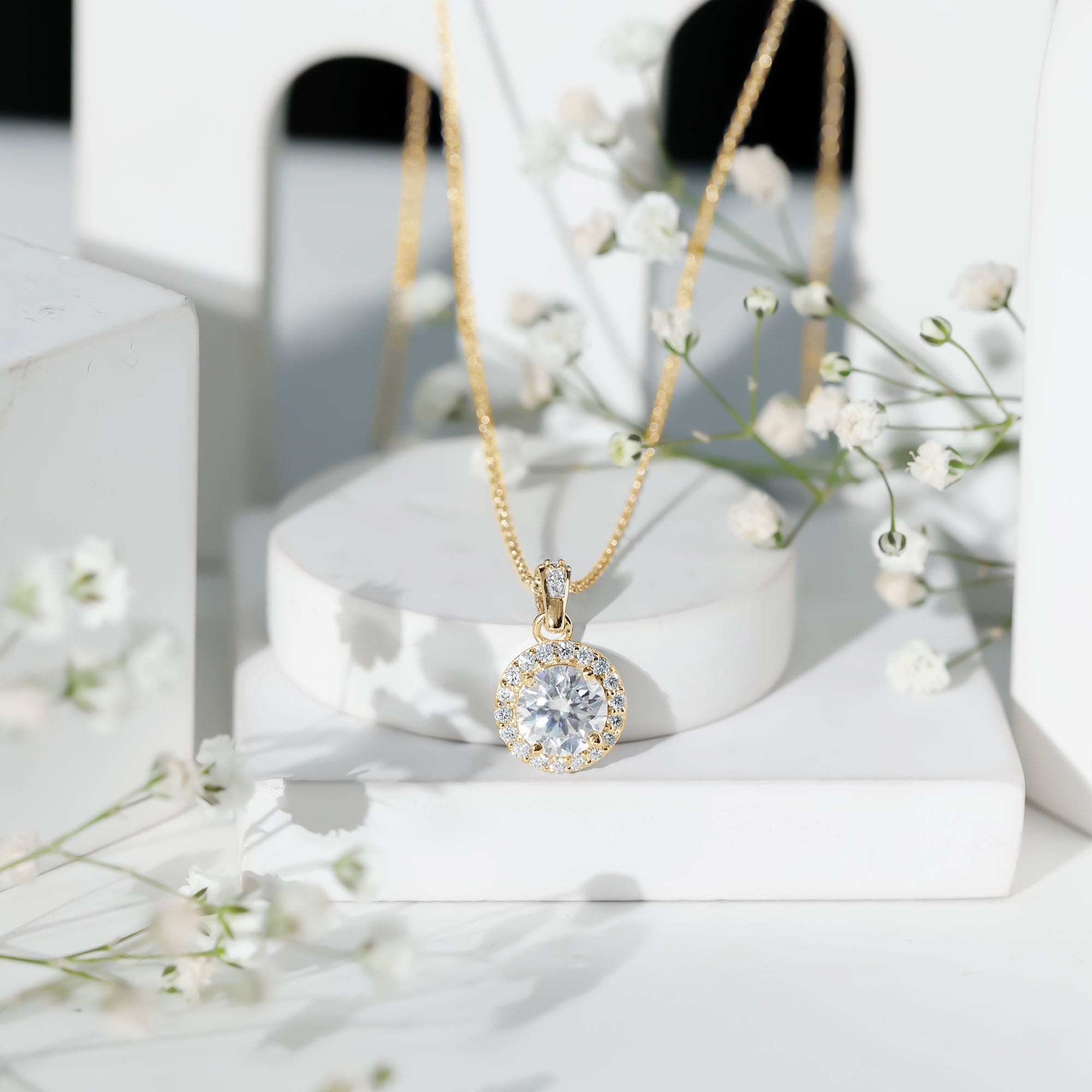 Round Moissanite Classic Halo Pendant Necklace