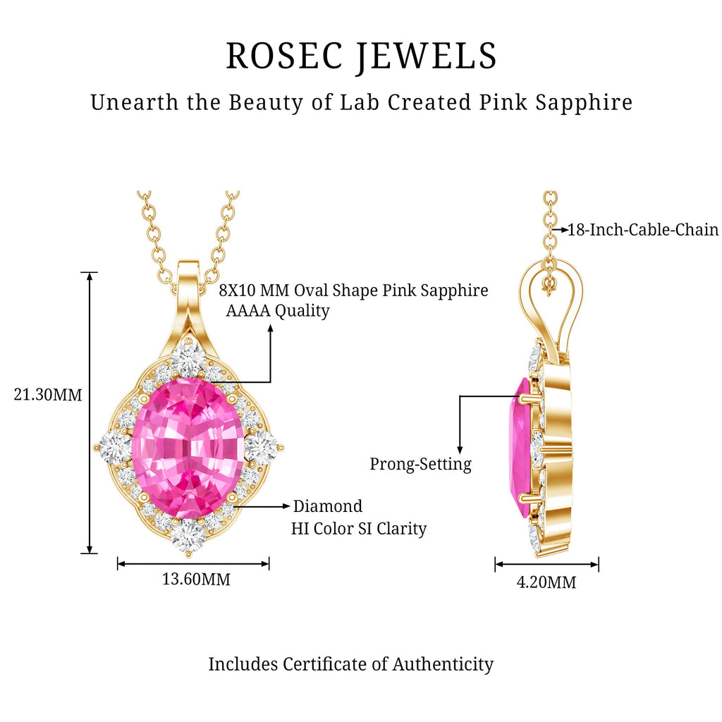 4 Carat Oval Lab Created Pink Sapphire Vintage Pendant with Diamonds