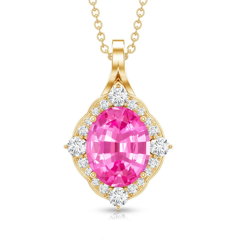4 Carat Oval Lab Created Pink Sapphire Vintage Pendant with Diamonds