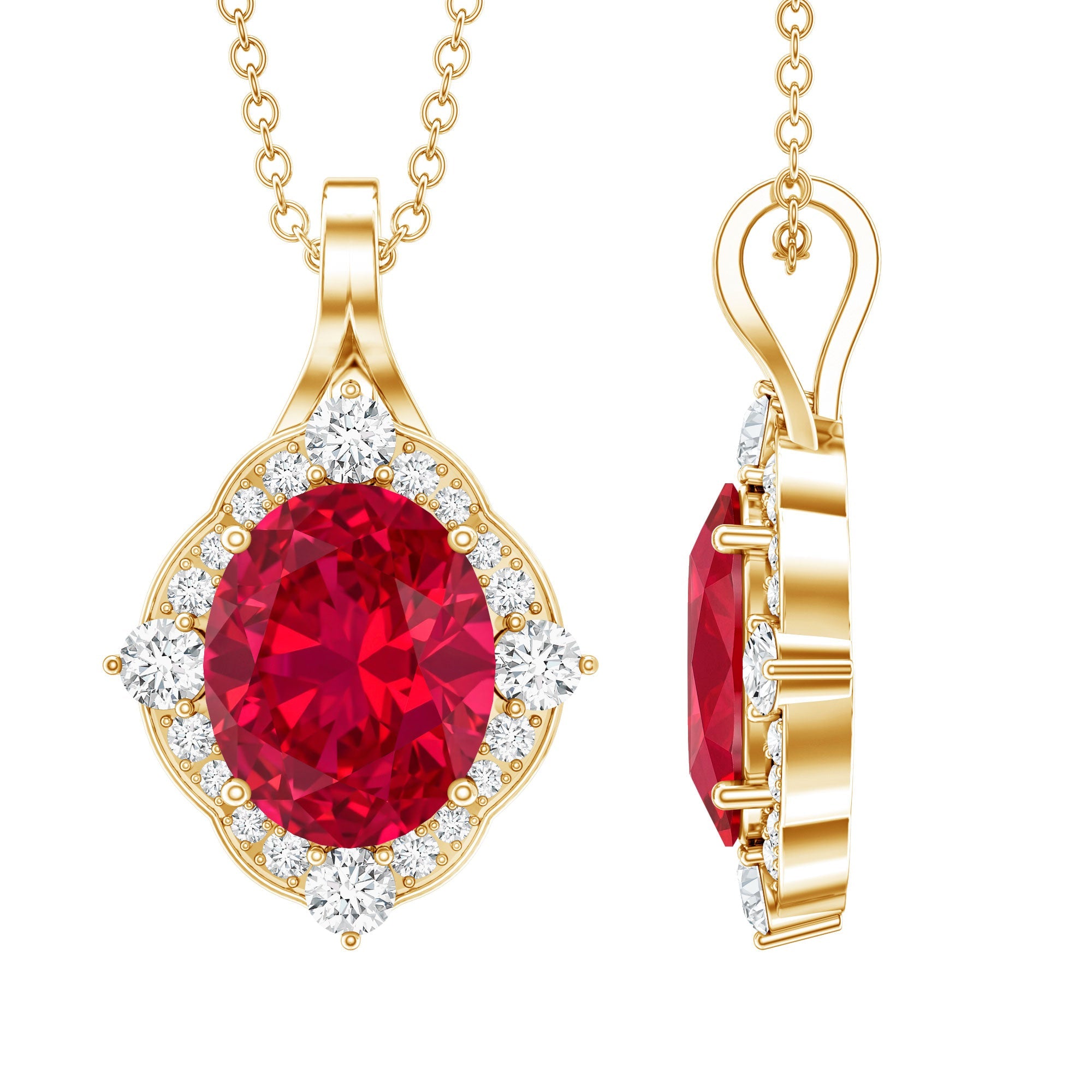 4 Carat Lab Grown Ruby Vintage Inspired Necklace with Diamond Halo