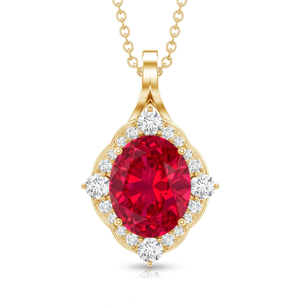 4 Carat Lab Grown Ruby Vintage Inspired Necklace with Diamond Halo