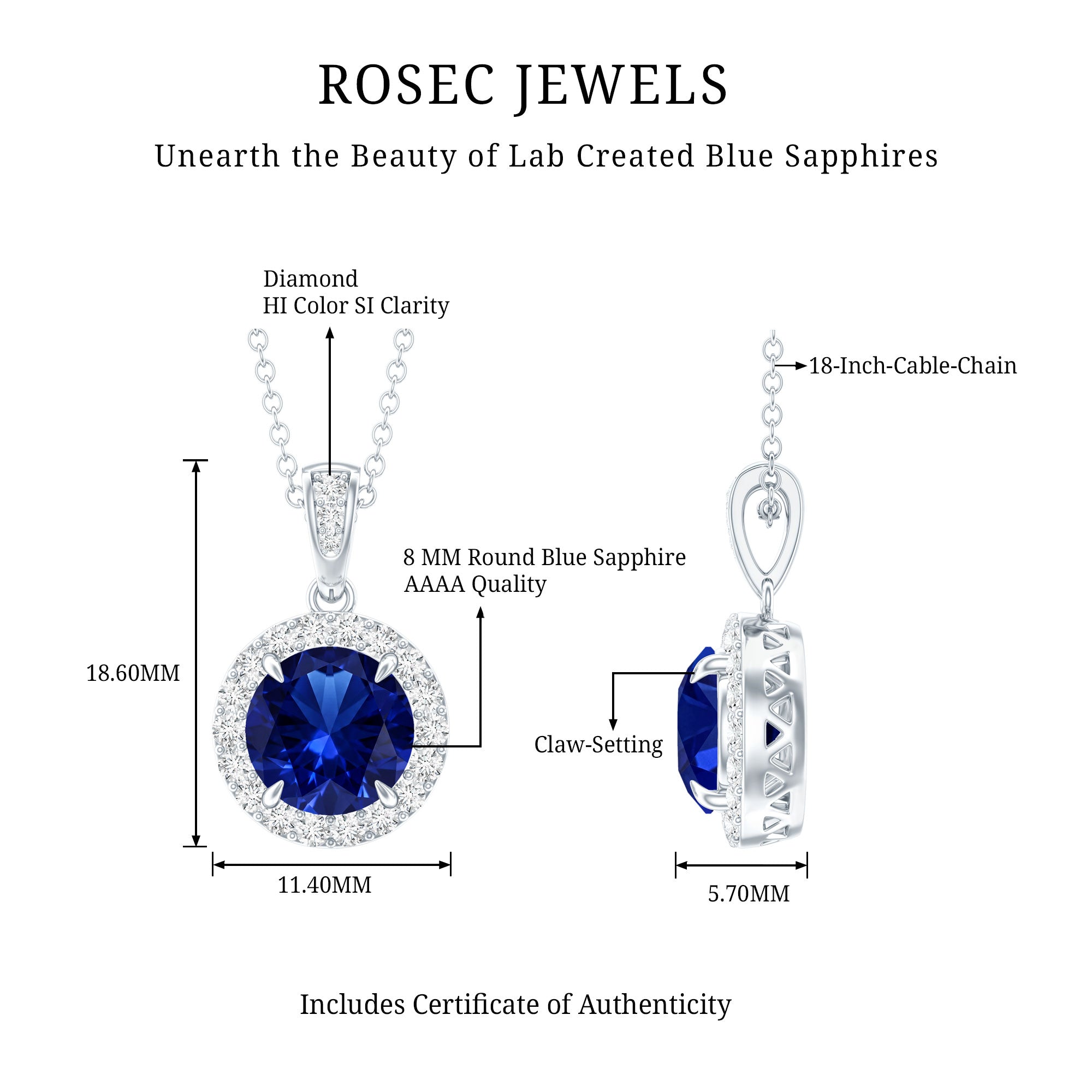 2.74 Carat Round Lab Created Blue Sapphire Halo Necklace with White Diamond