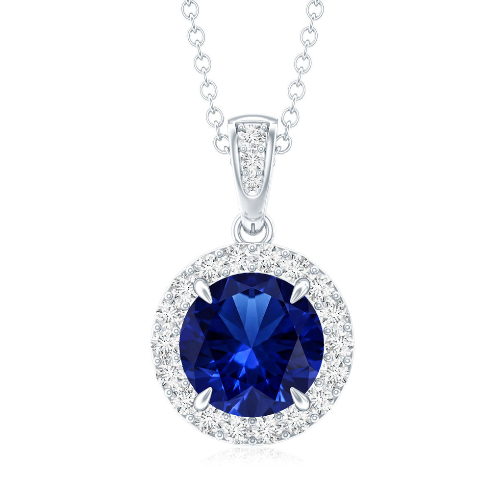 2.74 Carat Round Lab Created Blue Sapphire Halo Necklace with White Diamond
