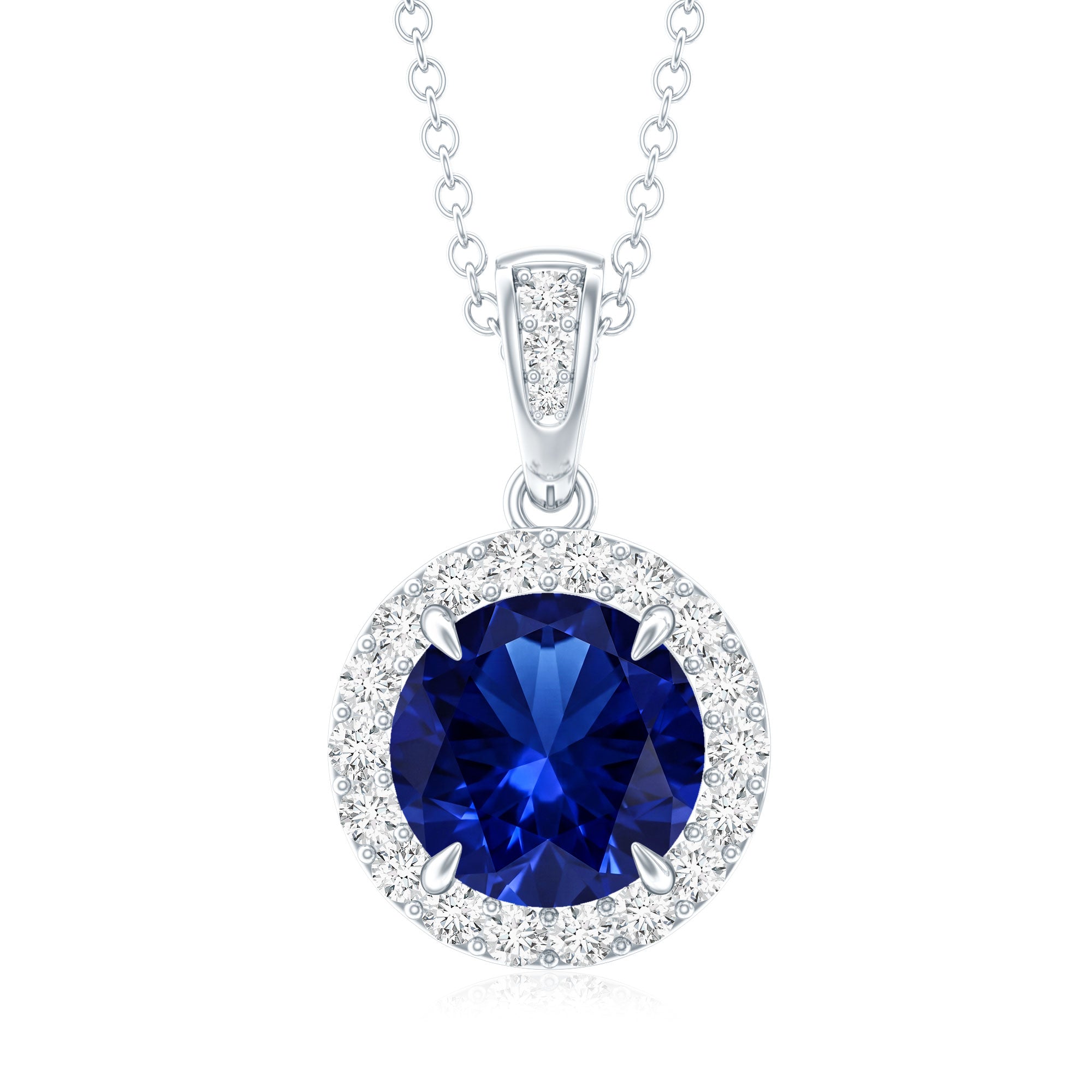 2.74 Carat Round Lab Created Blue Sapphire Halo Necklace with White Diamond