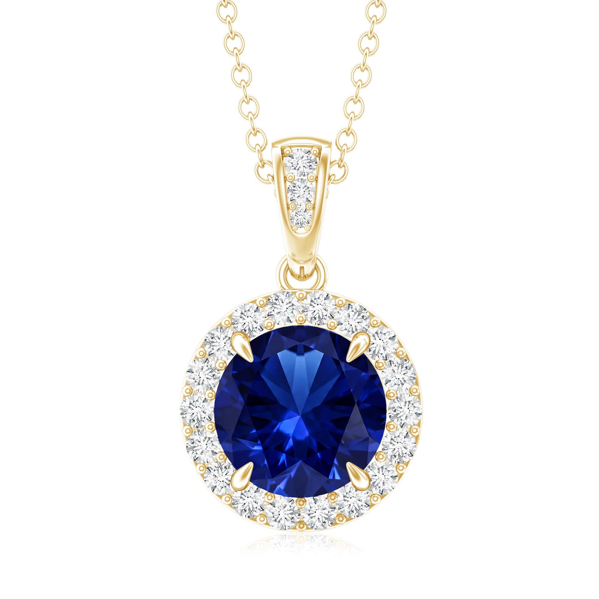 2.74 Carat Round Lab Created Blue Sapphire Halo Necklace with White Diamond