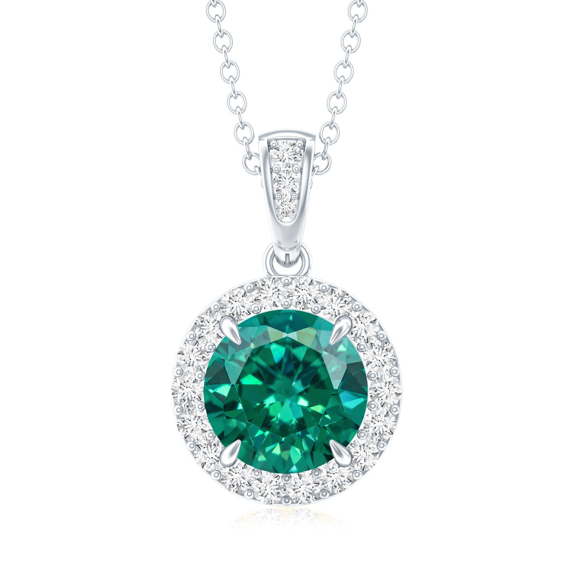 2 Carat Round Cut Lab Grown Emerald and Diamond Halo Necklace