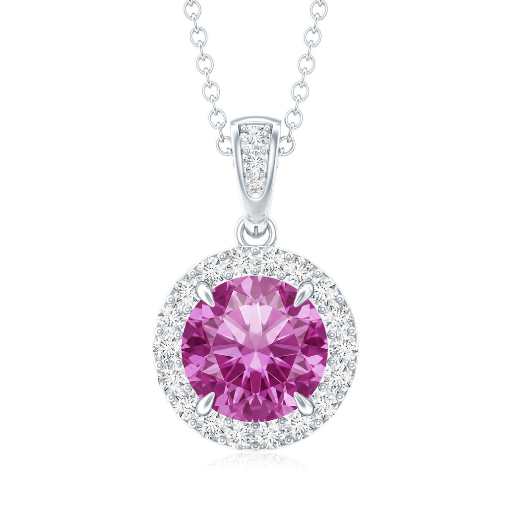2.2 Carat Round Cut Lab Created Pink Sapphire and Diamond Necklace with Certificate