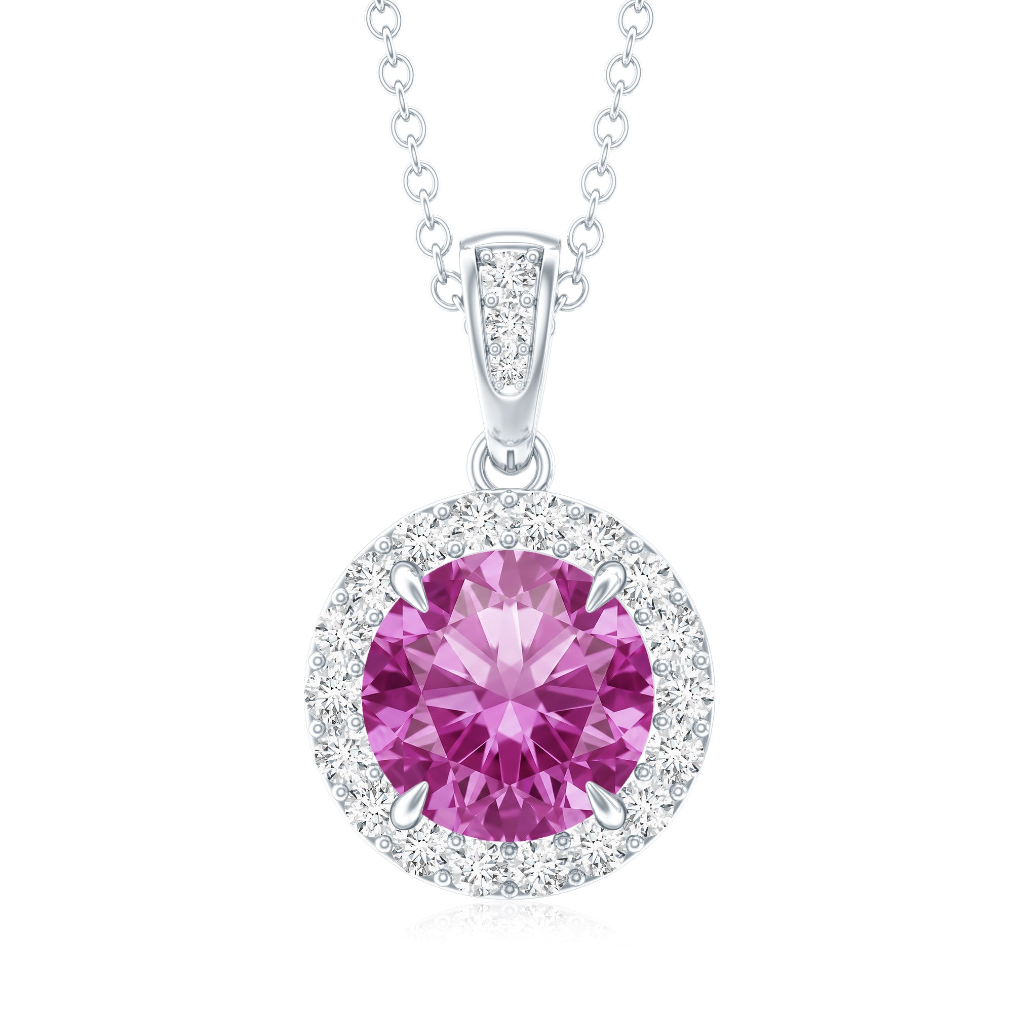 2.2 Carat Round Cut Lab Created Pink Sapphire and Diamond Necklace with Certificate