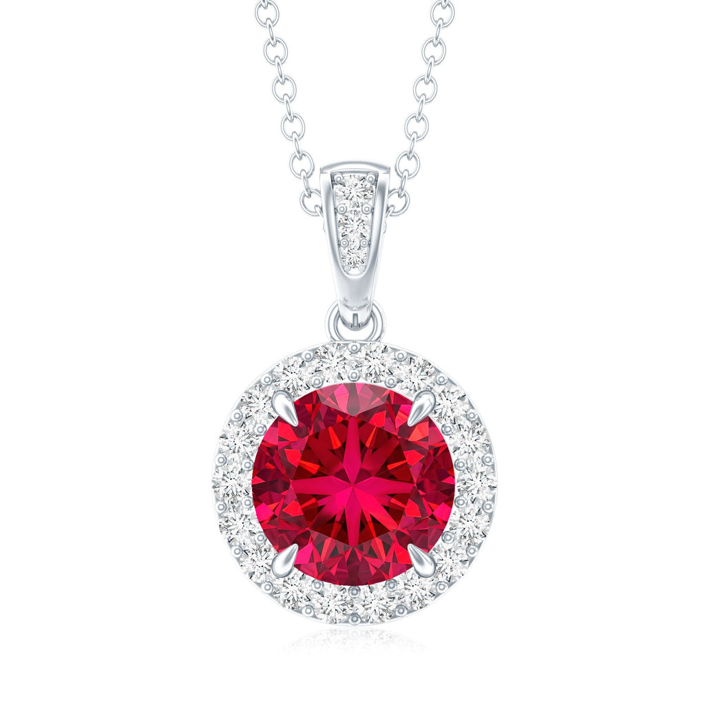 2.3 Carat Round Lab Created Ruby and Diamond Halo Pendant Necklace