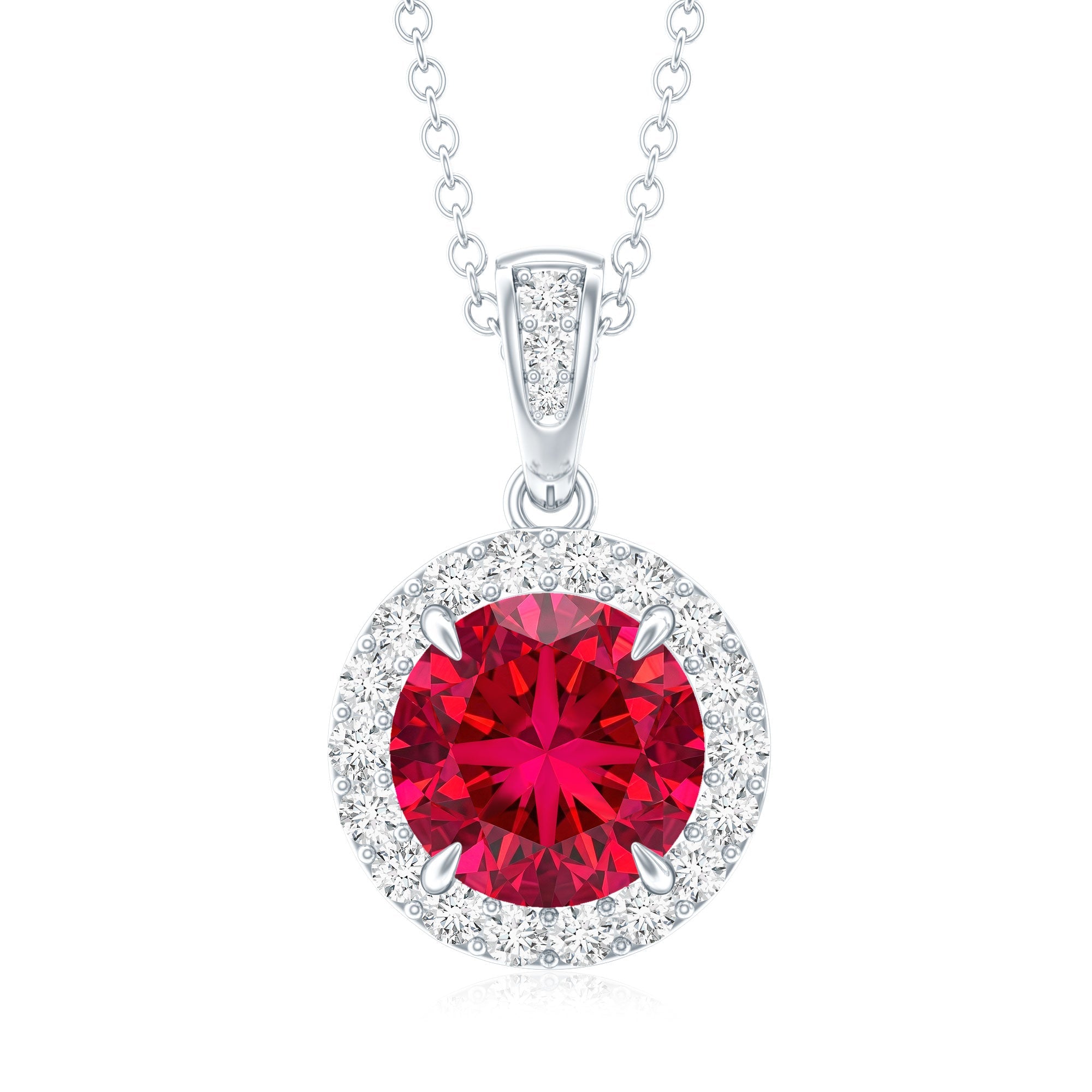 2.3 Carat Round Lab Created Ruby and Diamond Halo Pendant Necklace