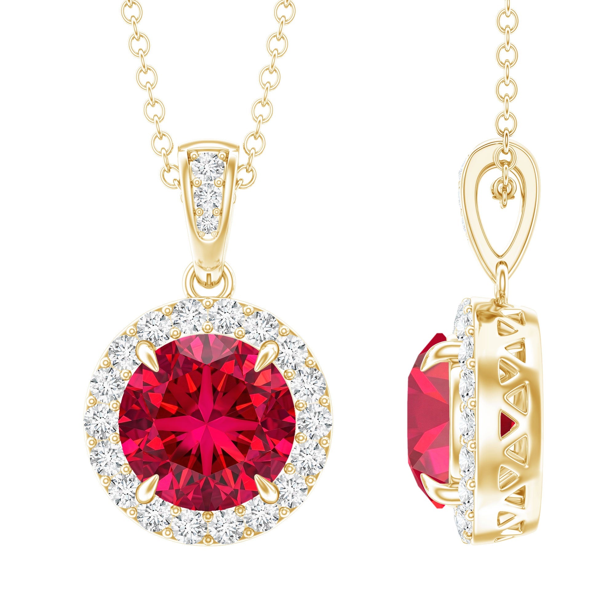 2.3 Carat Round Lab Created Ruby and Diamond Halo Pendant Necklace