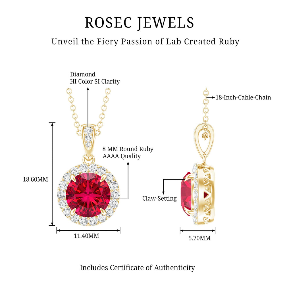 2.3 Carat Round Lab Created Ruby and Diamond Halo Pendant Necklace