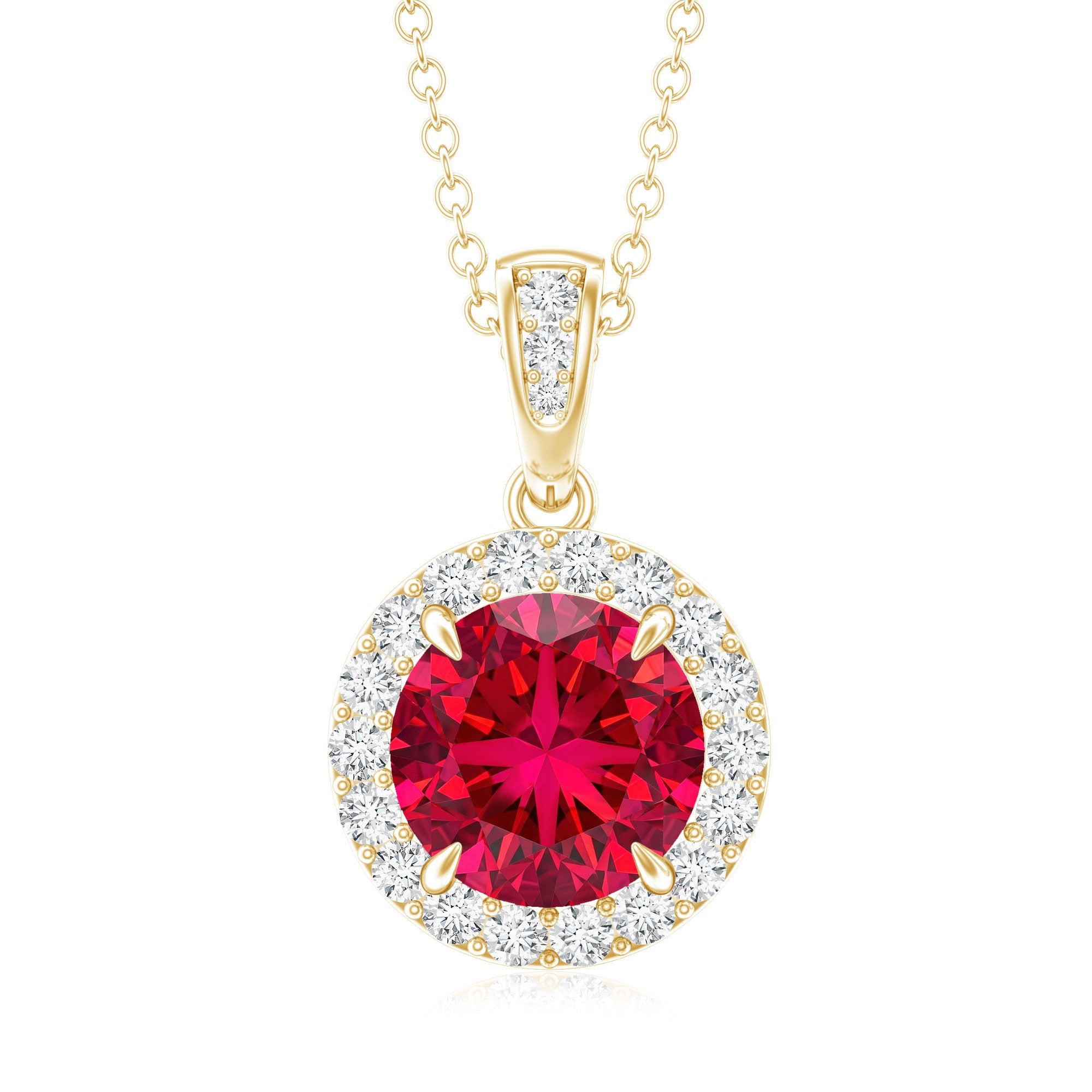2.3 Carat Round Lab Created Ruby and Diamond Halo Pendant Necklace