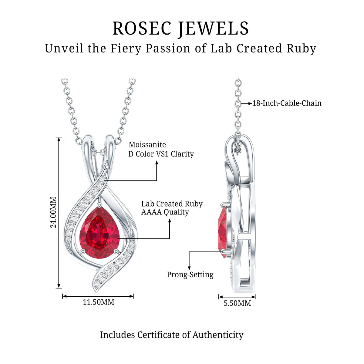 1 Carat Lab Created Ruby Teardrop Pendant with Moissanite