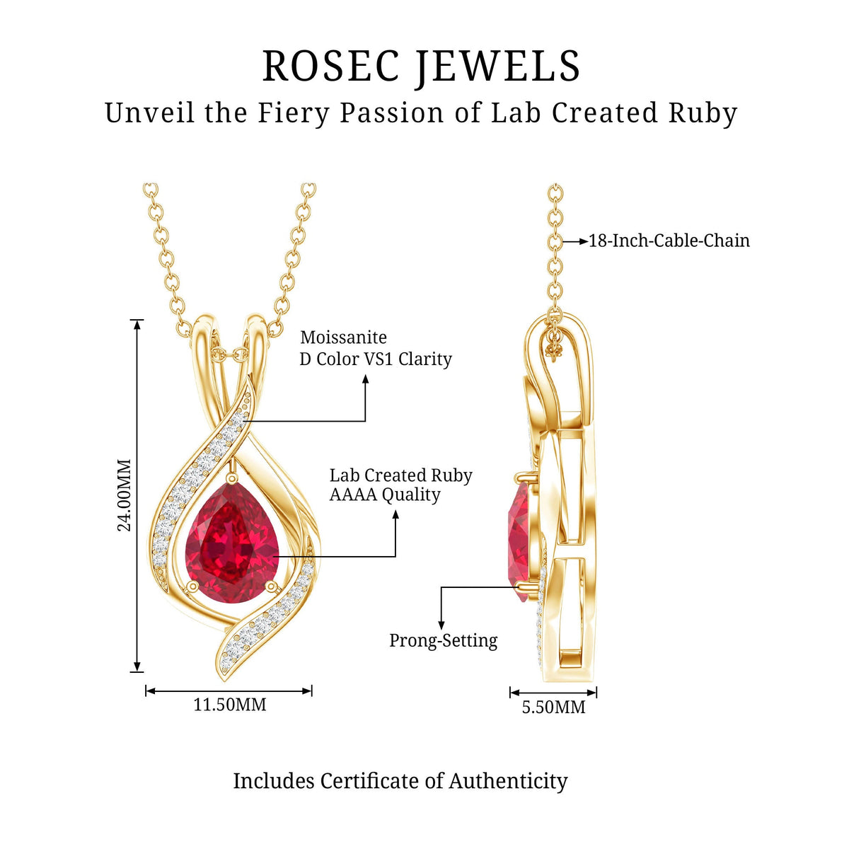 1 Carat Lab Created Ruby Teardrop Pendant with Moissanite