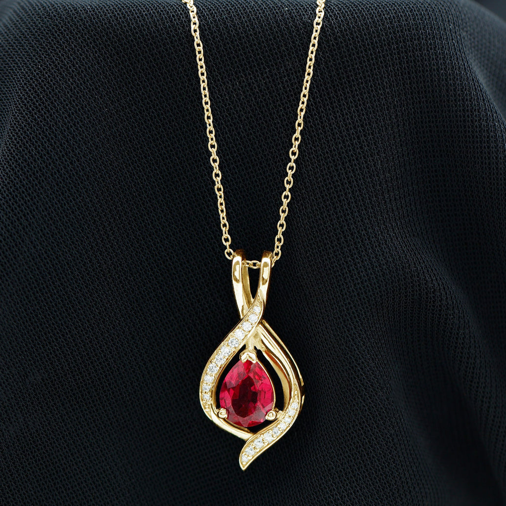 1 Carat Lab Created Ruby Teardrop Pendant with Moissanite