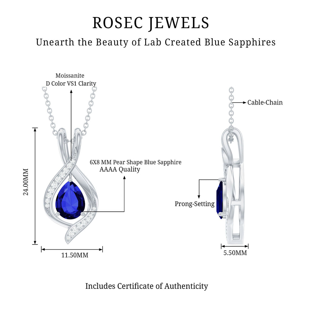 Certified Lab Created Blue Sapphire Teardrop Necklace with Moissanite