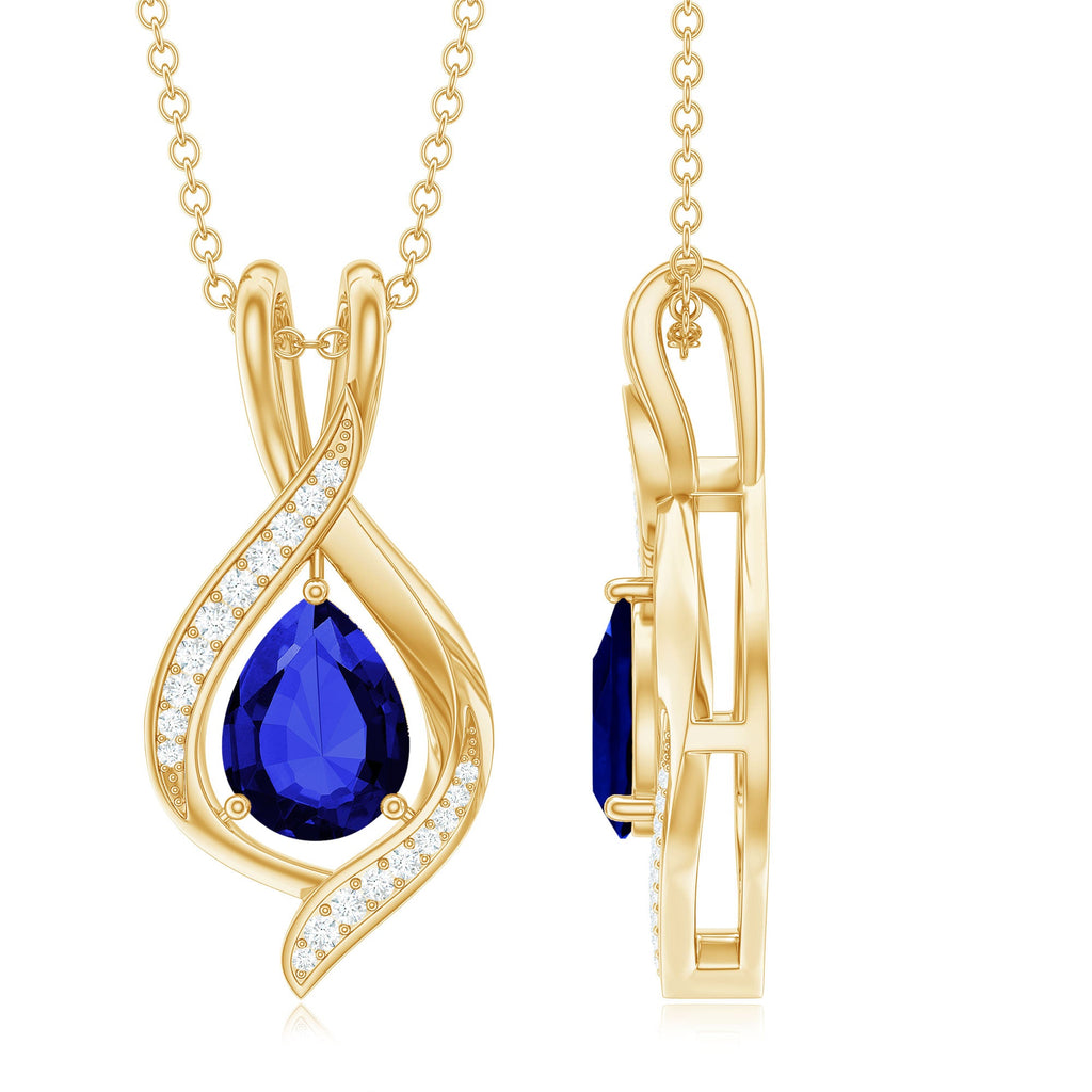Certified Lab Created Blue Sapphire Teardrop Necklace with Moissanite