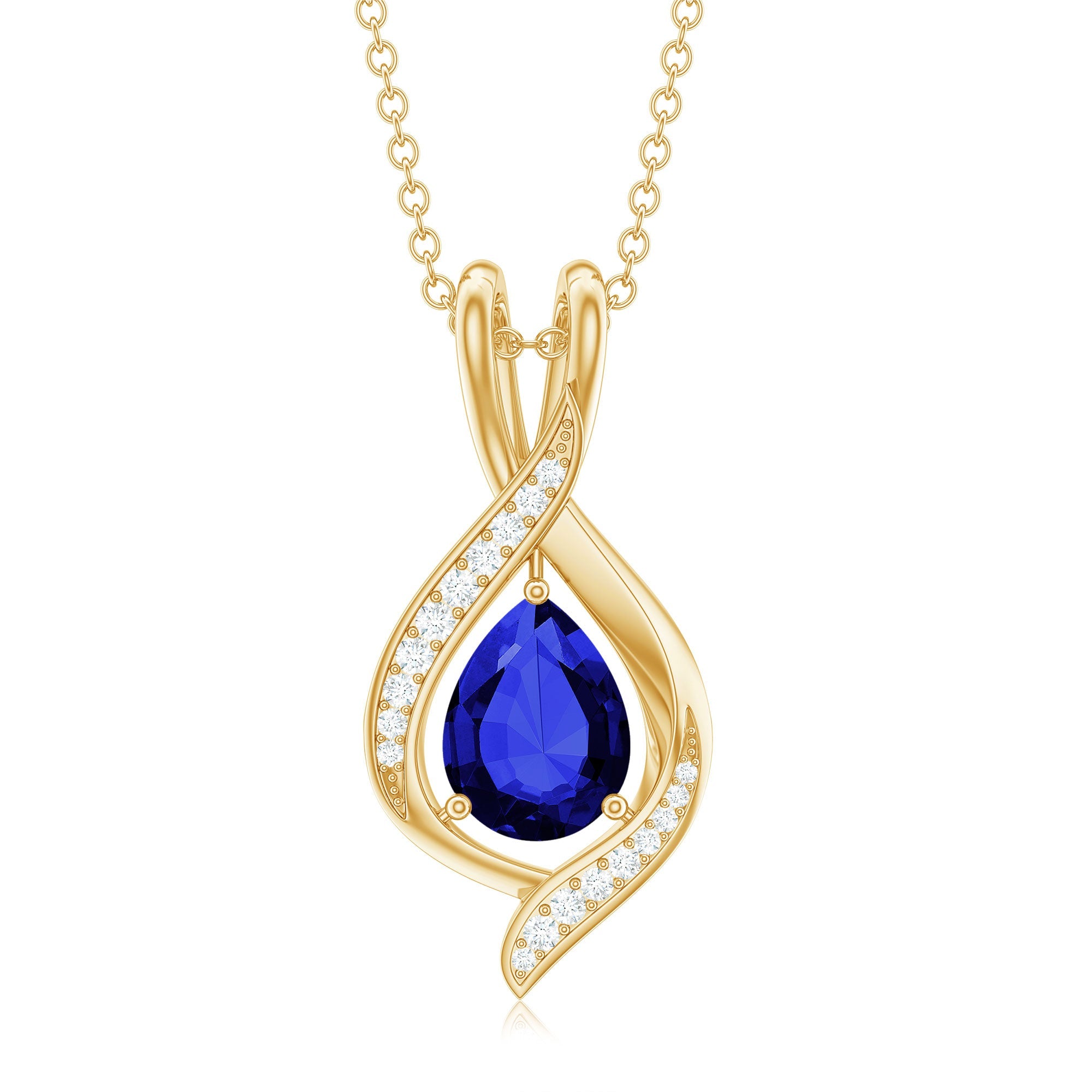 Certified Lab Created Blue Sapphire Teardrop Necklace with Moissanite