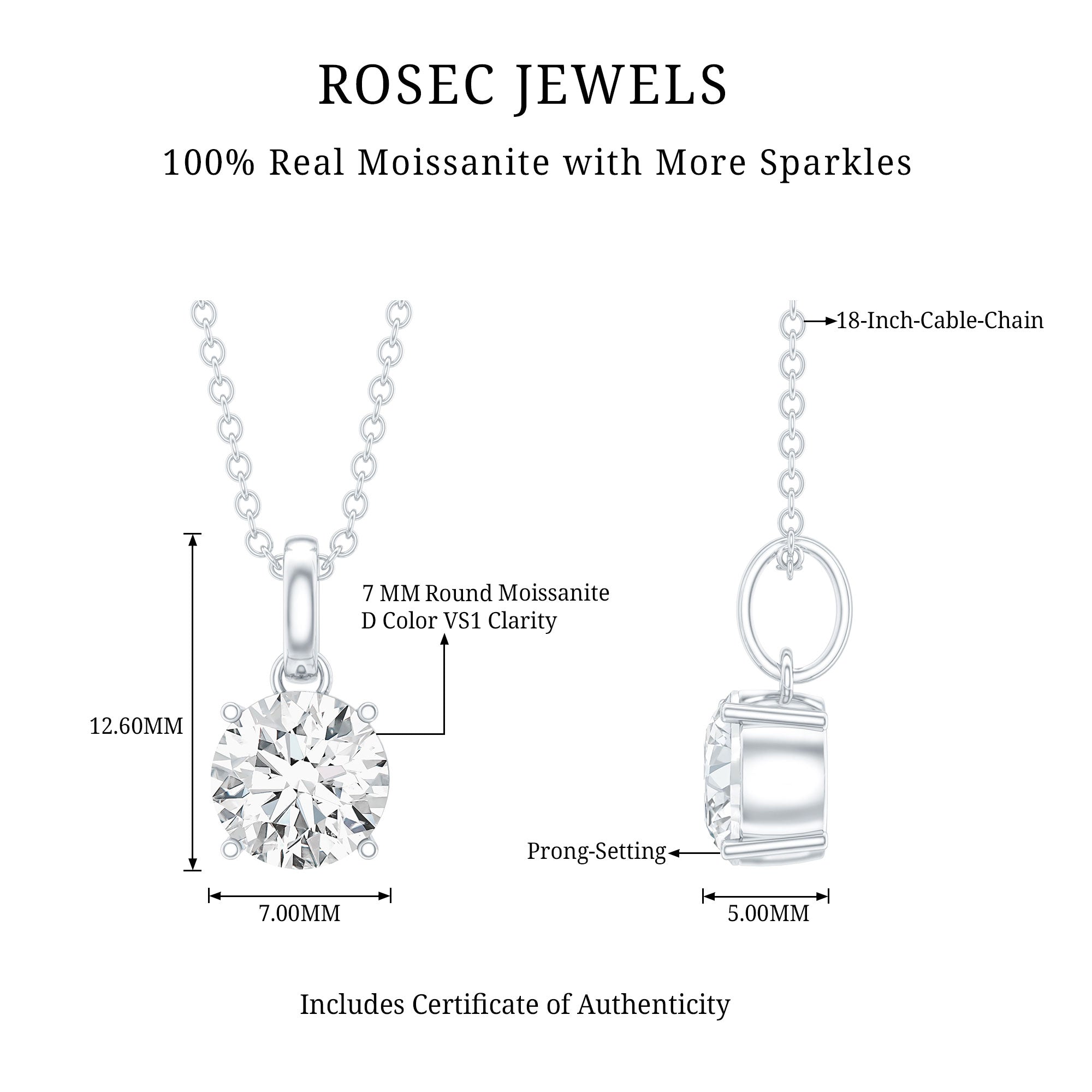 1.36 Carat Round Moissanite Solitaire Pendant Necklace in Prong Setting