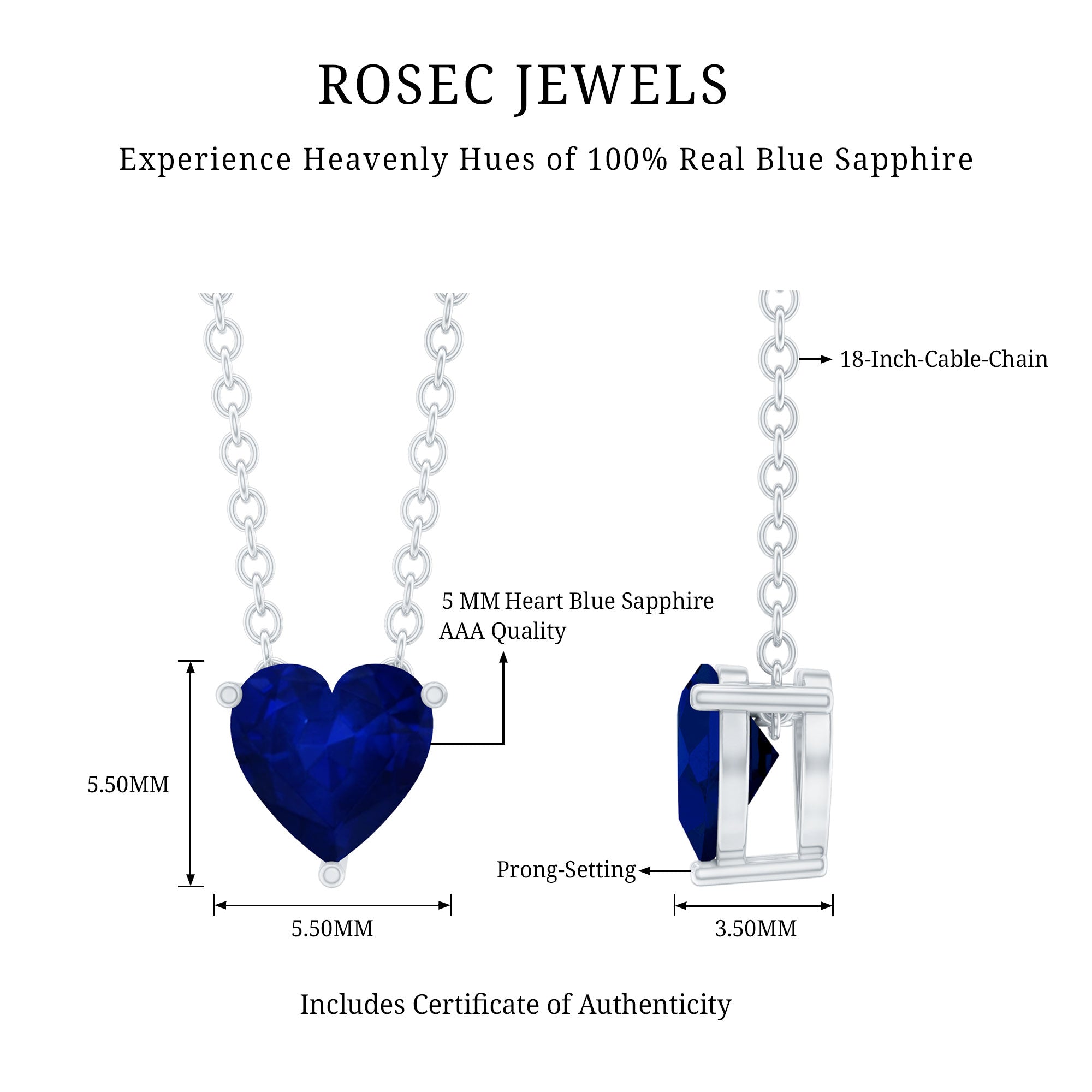 Heart Shape Blue Sapphire Solitaire Necklace for Women