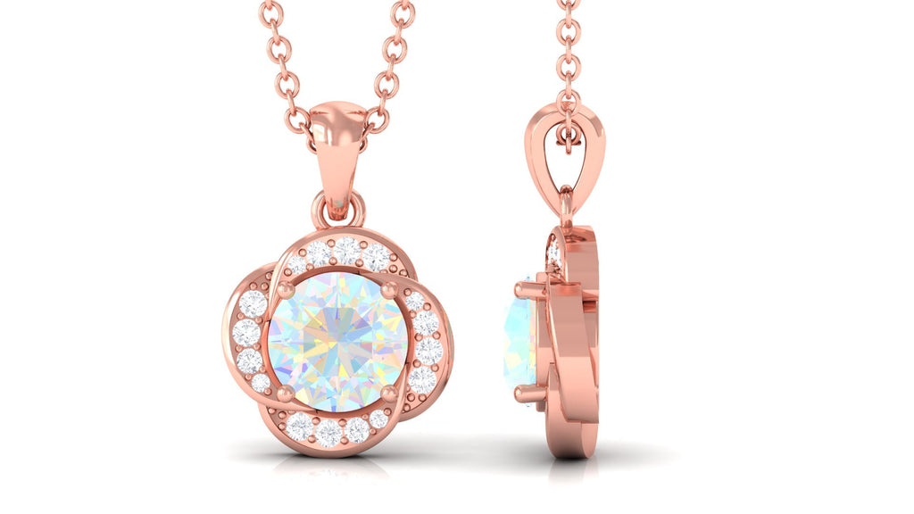 0.8 Carat Round Shape Ethiopian Opal and Diamond Flower Necklace