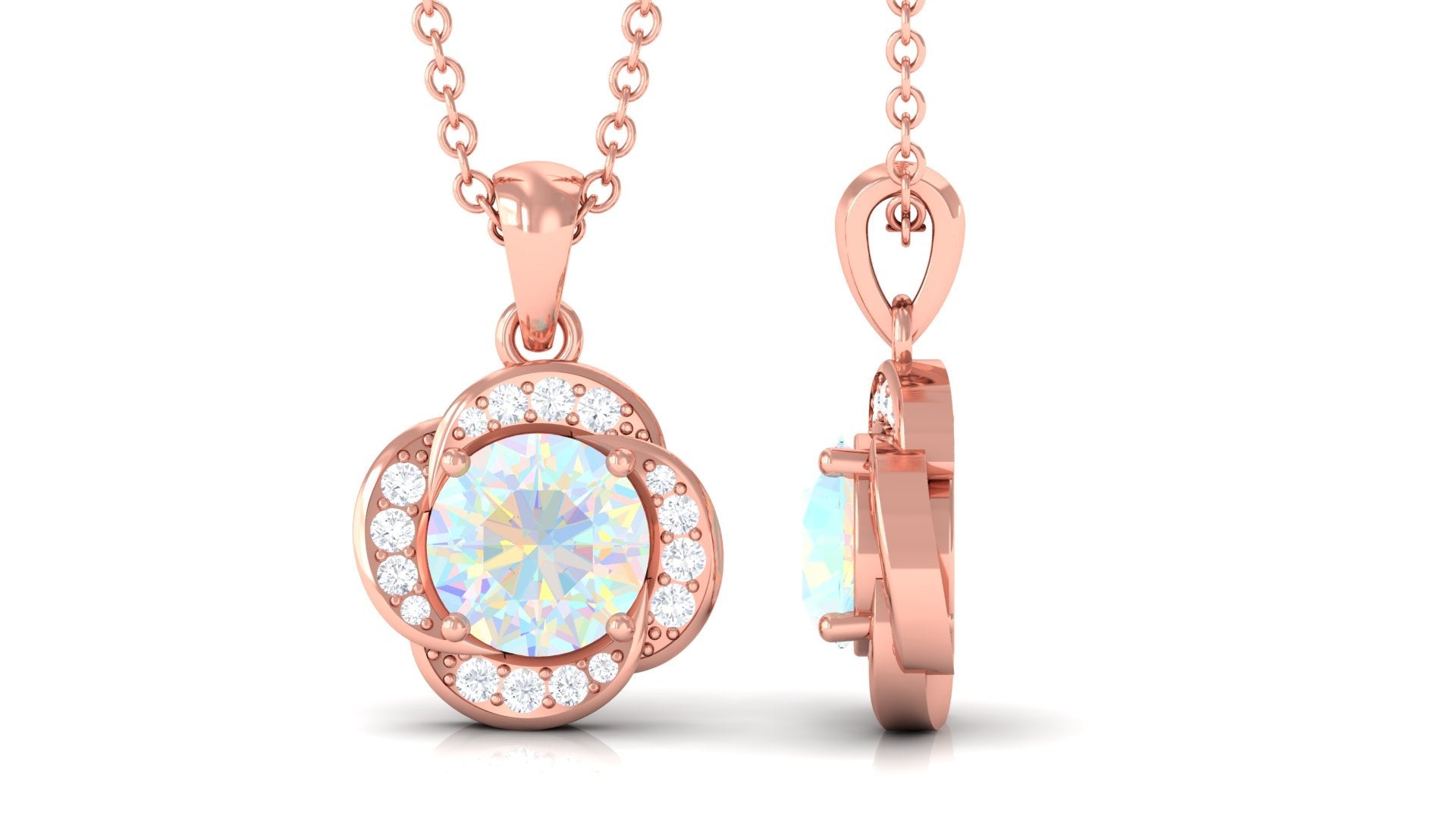 0.8 Carat Round Shape Ethiopian Opal and Diamond Flower Necklace