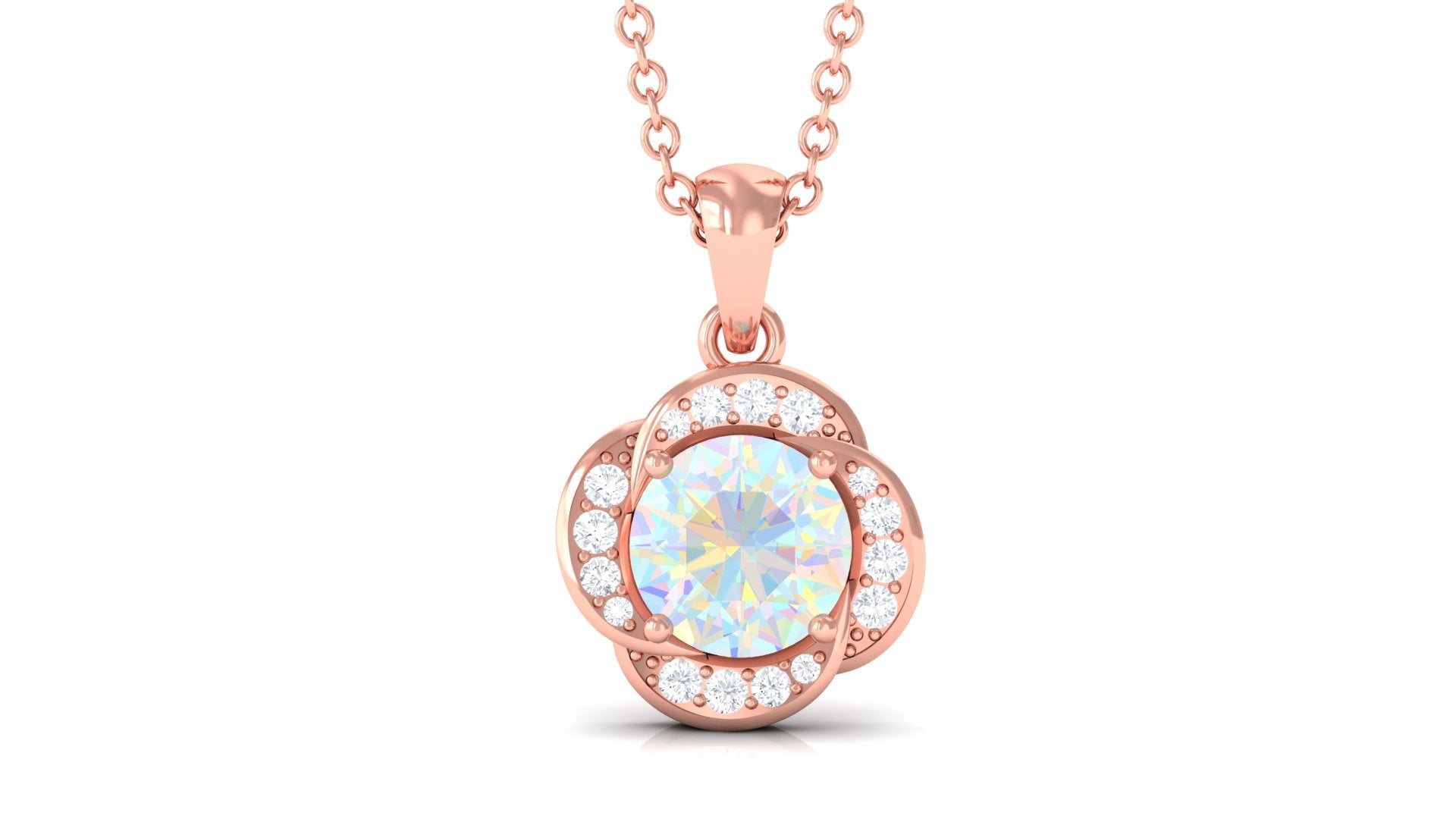 0.8 Carat Round Shape Ethiopian Opal and Diamond Flower Necklace