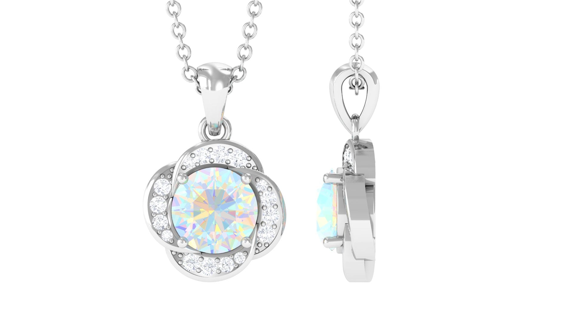 0.8 Carat Round Shape Ethiopian Opal and Diamond Flower Necklace