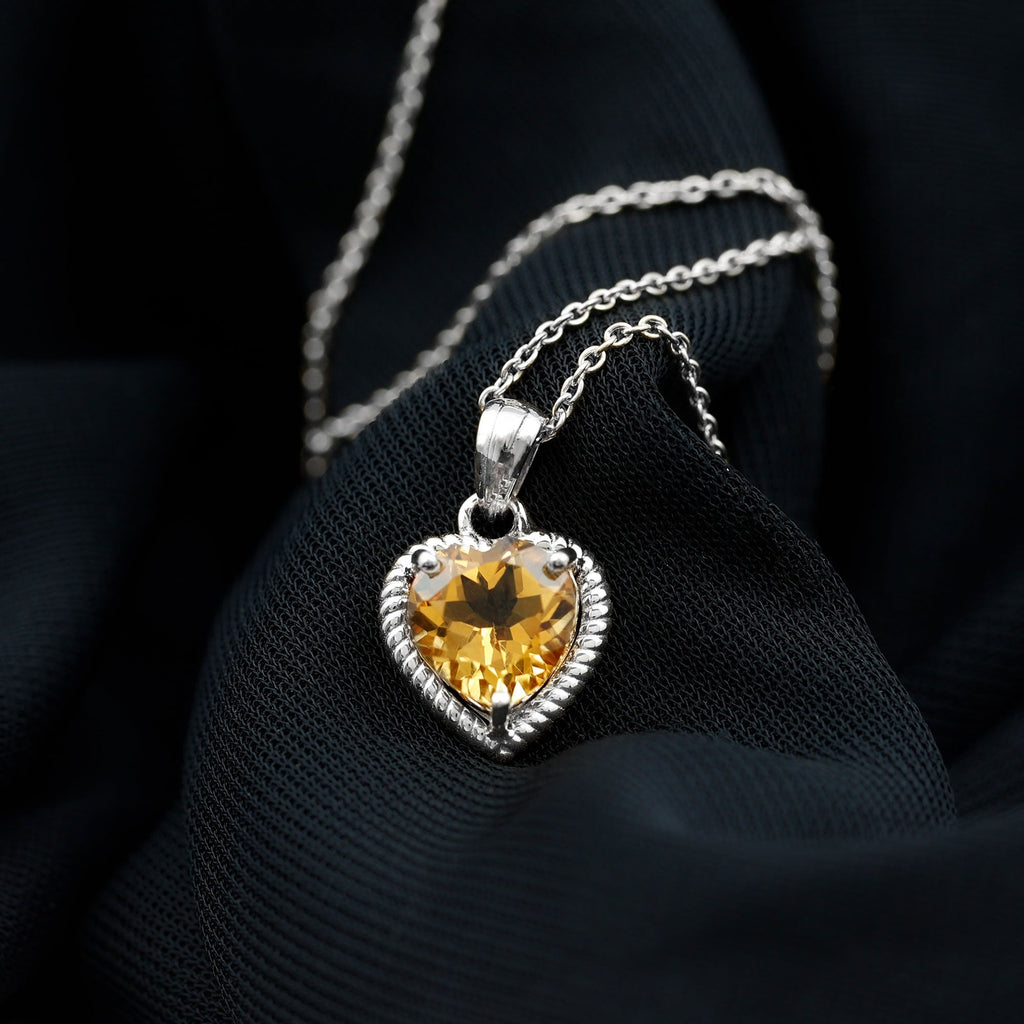 Natural Heart Shape 2 Carat Citrine Pendant Necklace with Rope Frame
