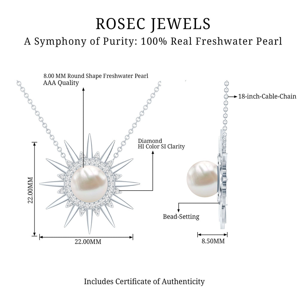 Natural Freshwater Pearl and Diamond Sunburst Pendant Necklace