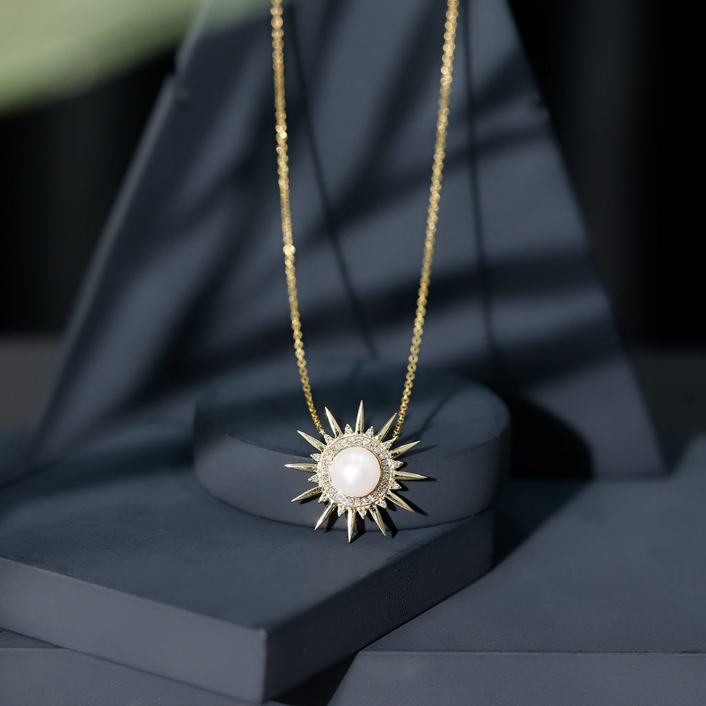 Natural Freshwater Pearl and Diamond Sunburst Pendant Necklace