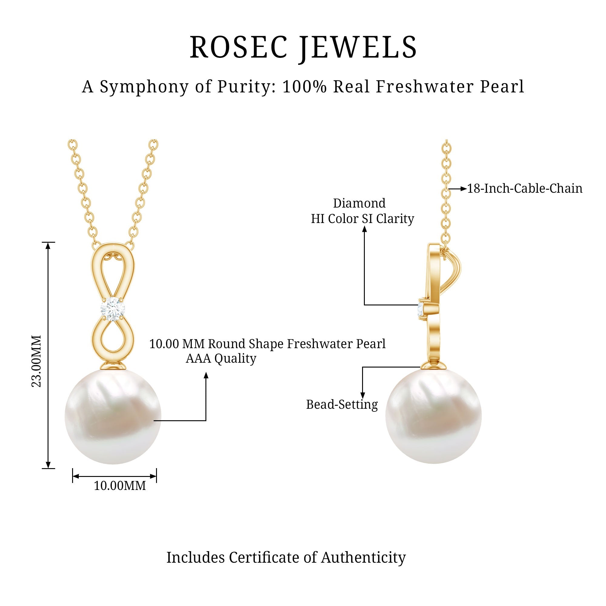 8 Carat Round Freshwater Pearl Drop Infinity Pendant with Diamond