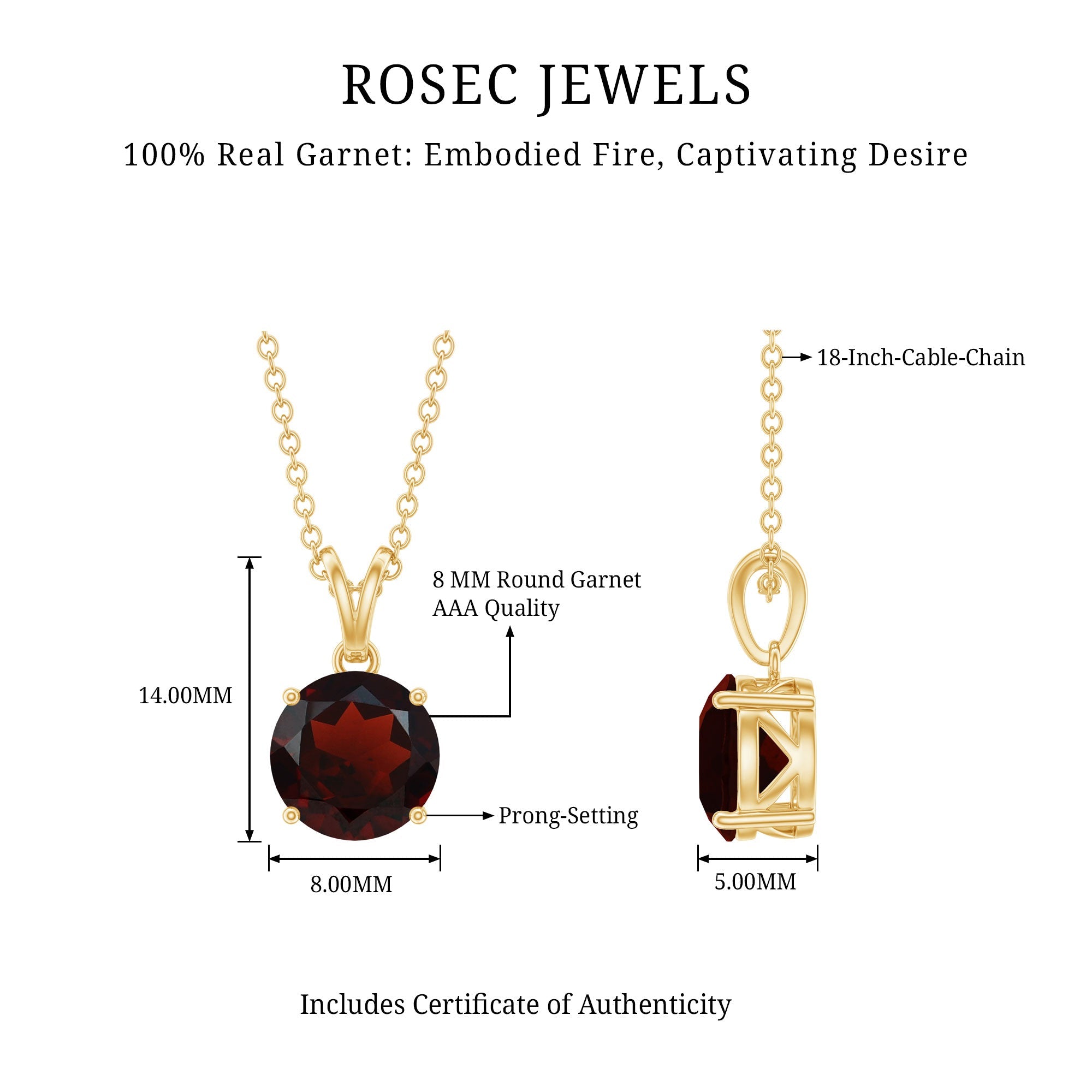 2.3 Carat Round Cut Garnet Solitaire Necklace with Rabbit Ear Bail