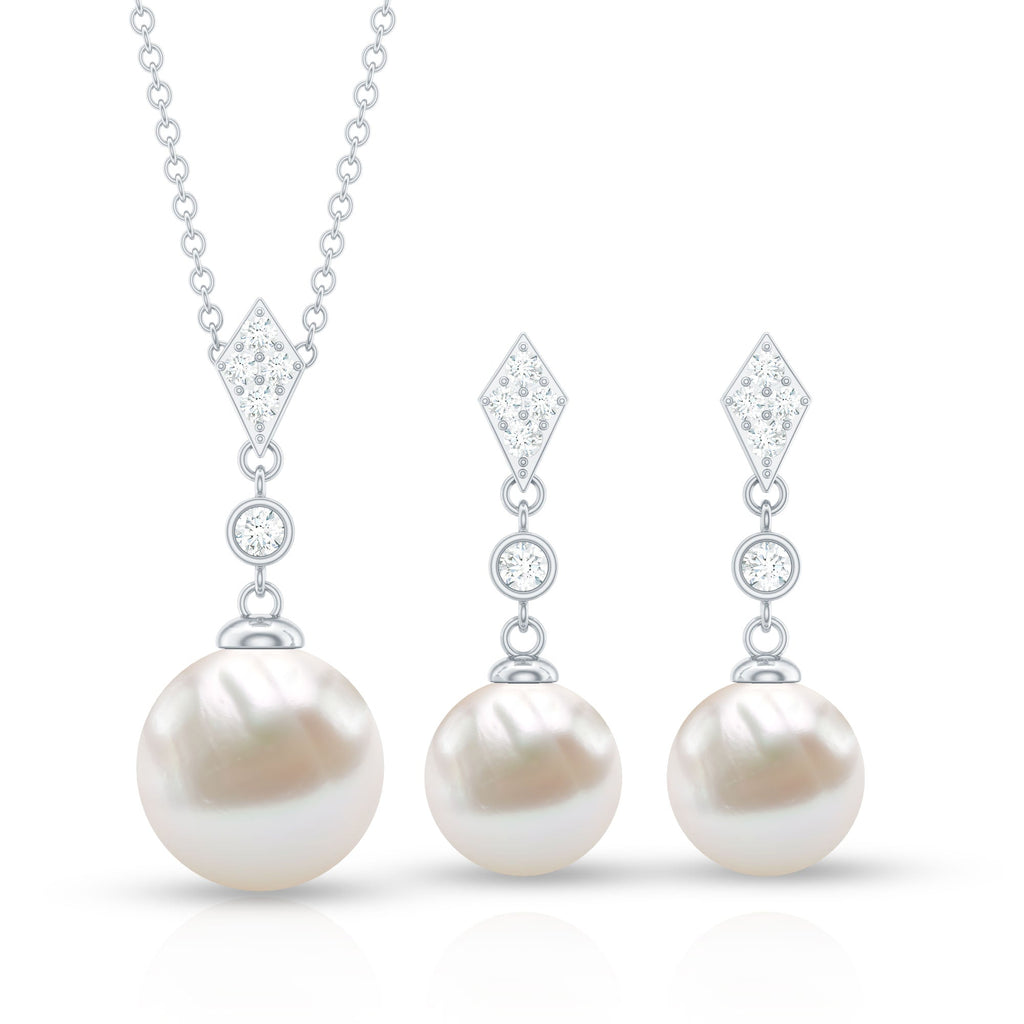 Freshwater Pearl Simple Dangle Drop Pendant and Earrings Set with Diamond