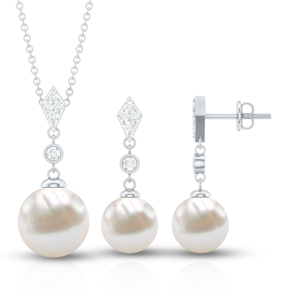 Freshwater Pearl Simple Dangle Drop Pendant and Earrings Set with Diamond