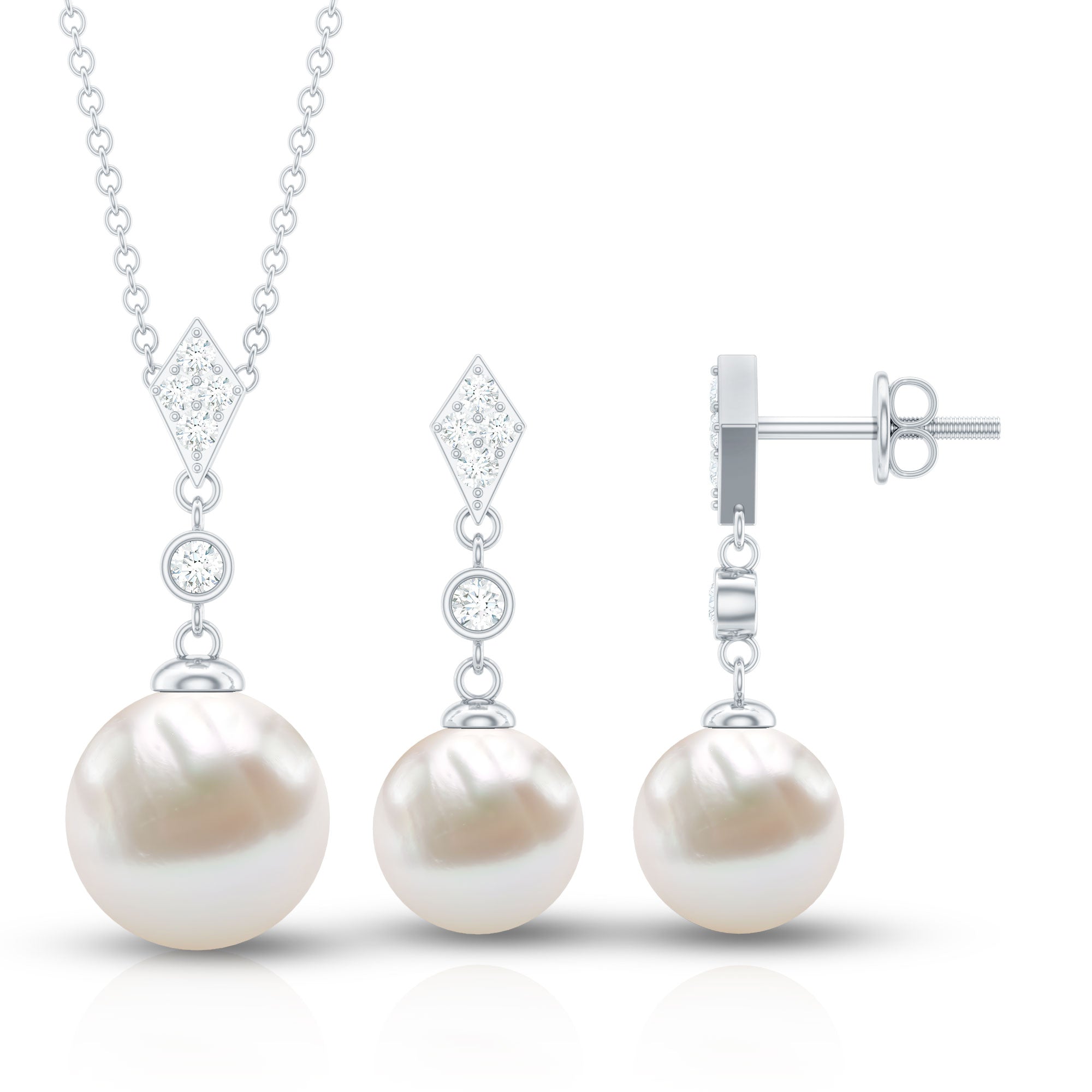 Freshwater Pearl Simple Dangle Drop Pendant and Earrings Set with Diamond
